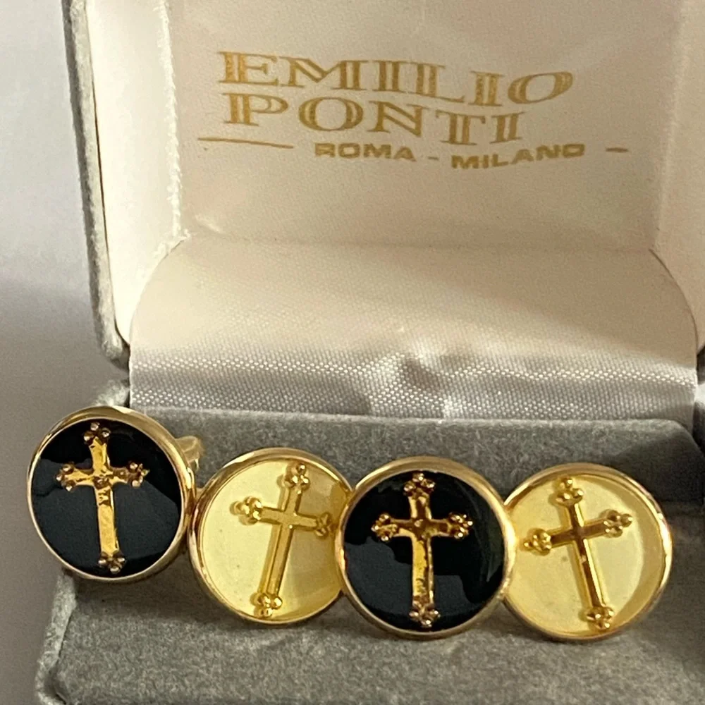 Emilio Ponti Roma Milano Gold and Black Budded Cross 2 Set of Cufflinks In Box